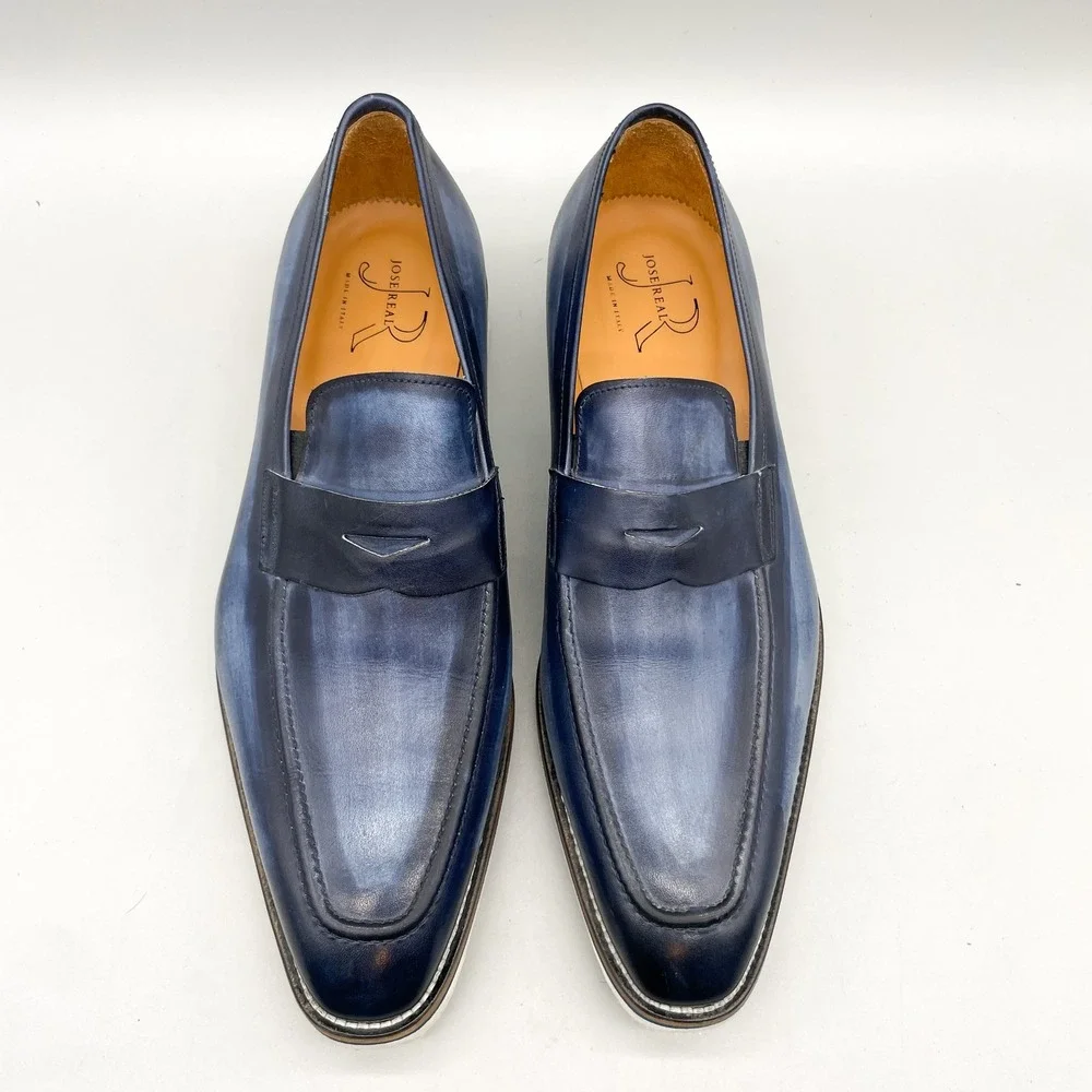 Jose Real Mens 45 Platform Penny Loafer Shoes Blue Burnished Leather Classic